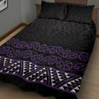 Maori Taniko Patterns Quilt Bed Set Purple Niho Taniwha Mix Paatiki Motifs