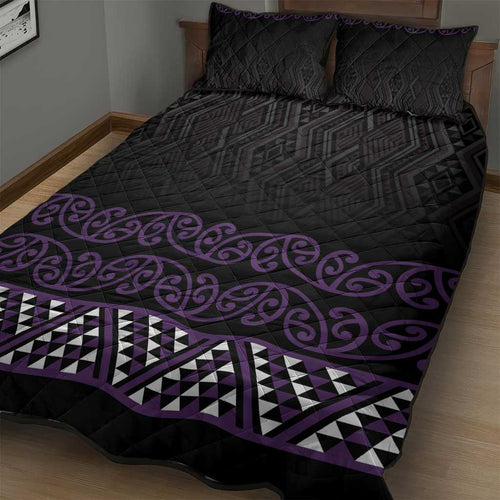 Maori Taniko Patterns Quilt Bed Set Purple Niho Taniwha Mix Paatiki Motifs