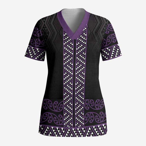 Maori Taniko Patterns Scrub Top Purple Niho Taniwha Mix Paatiki Motifs - Aussie Hoodie
