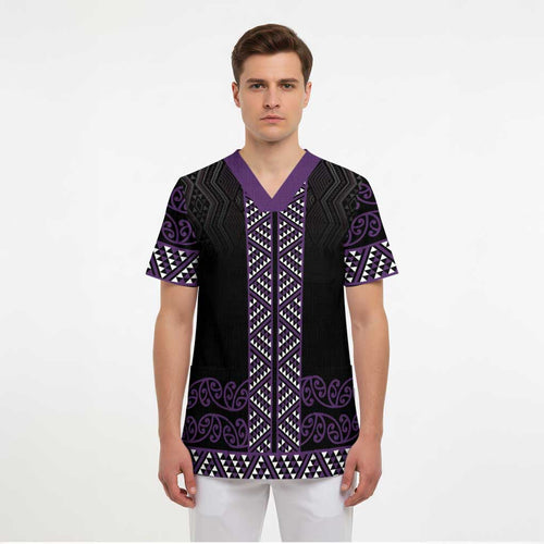 Maori Taniko Patterns Scrub Top Purple Niho Taniwha Mix Paatiki Motifs - Aussie Hoodie