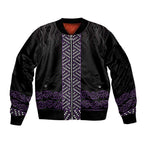 Maori Taniko Patterns Sleeve Zip Bomber Jacket Purple Niho Taniwha Mix Paatiki Motifs