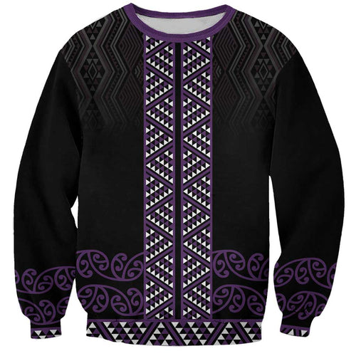 Maori Taniko Patterns Sweatshirt Purple Niho Taniwha Mix Paatiki Motifs