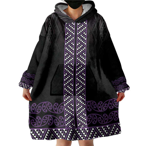 Maori Taniko Patterns Wearable Blanket Hoodie Purple Niho Taniwha Mix Paatiki Motifs