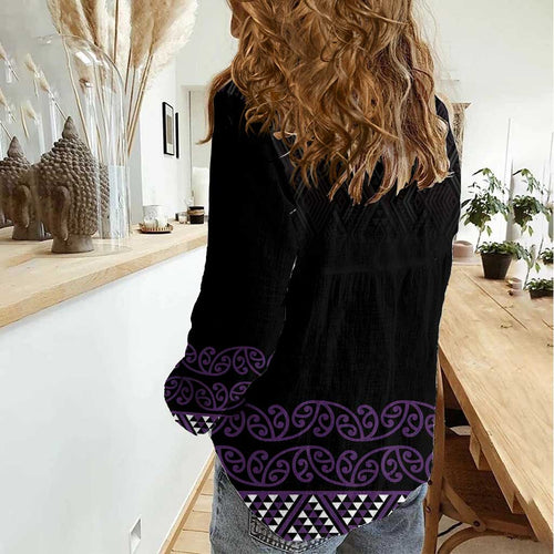 Maori Taniko Patterns Women Casual Shirt Purple Niho Taniwha Mix Paatiki Motifs