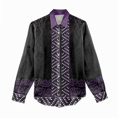 Maori Taniko Patterns Women Casual Shirt Purple Niho Taniwha Mix Paatiki Motifs