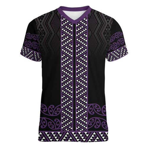 Maori Taniko Patterns Women V-Neck T-Shirt Purple Niho Taniwha Mix Paatiki Motifs