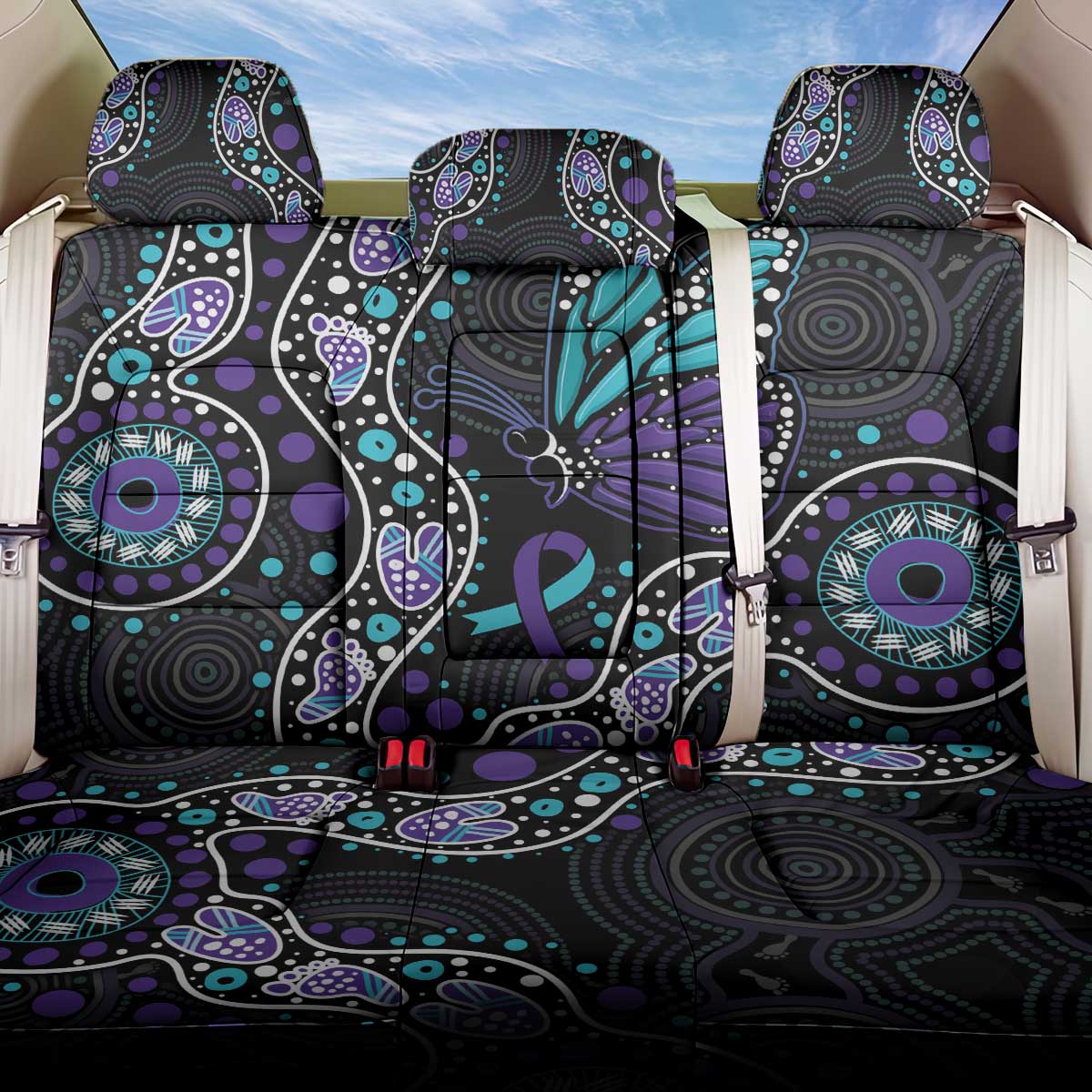 Australia Indigenous Back Car Seat Cover Teal & Purple Ribbon Butterfly Aboriginal Arts