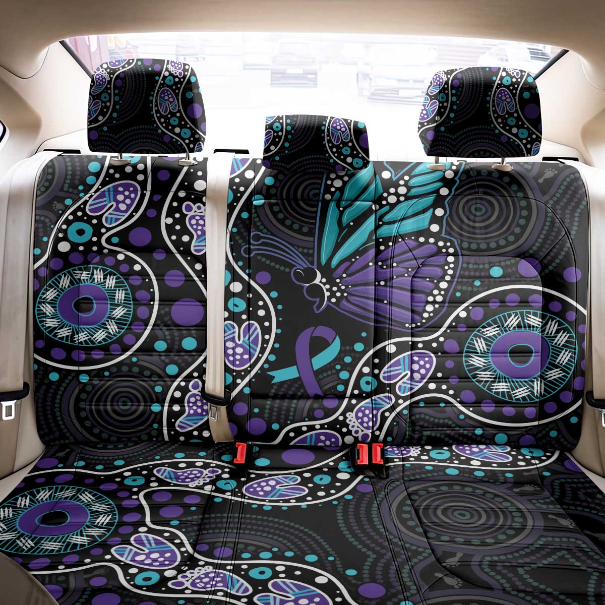 Australia Indigenous Back Car Seat Cover Teal & Purple Ribbon Butterfly Aboriginal Arts