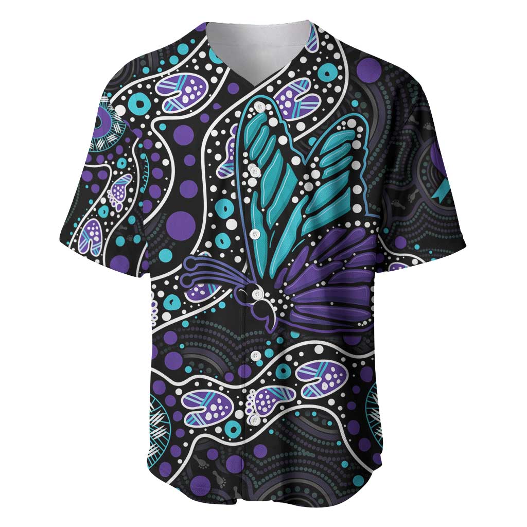 Australia Indigenous Baseball Jersey Teal & Purple Ribbon Butterfly Aboriginal Arts