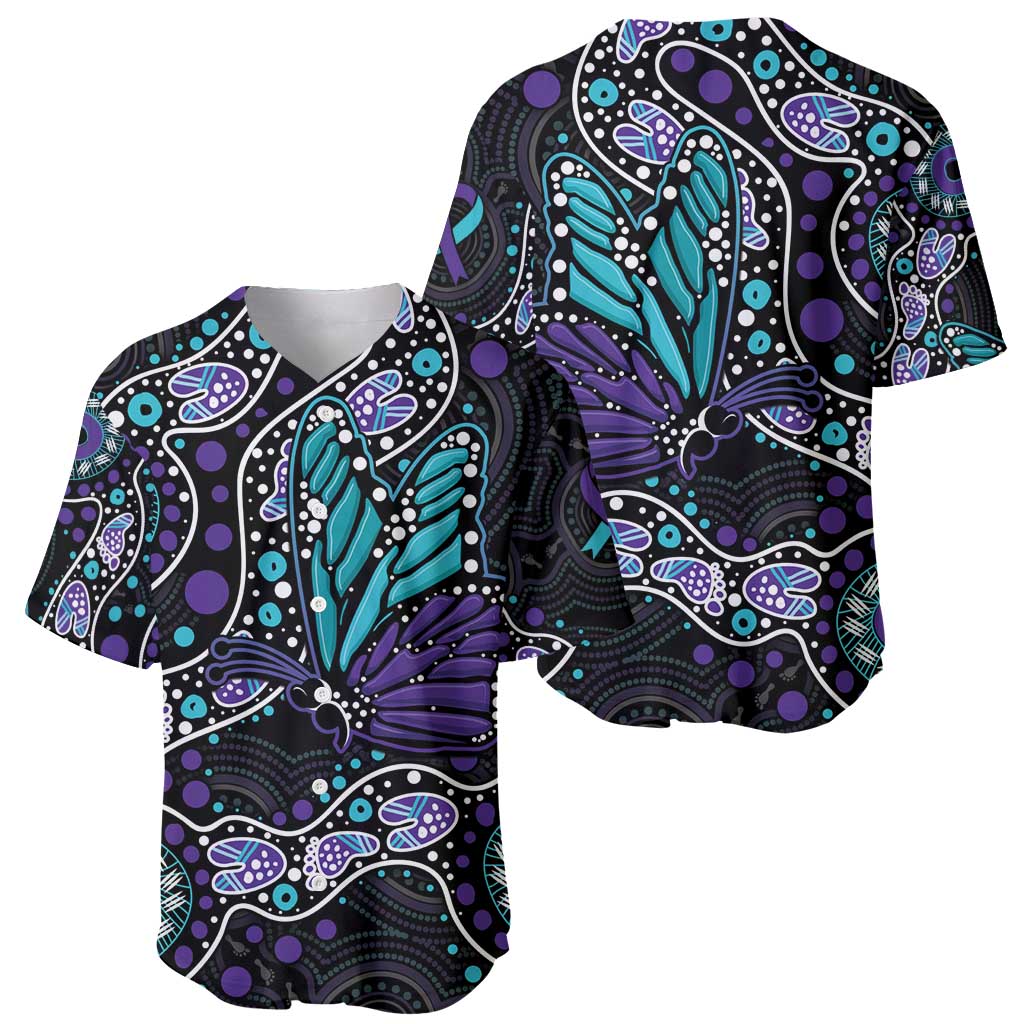 Australia Indigenous Baseball Jersey Teal & Purple Ribbon Butterfly Aboriginal Arts