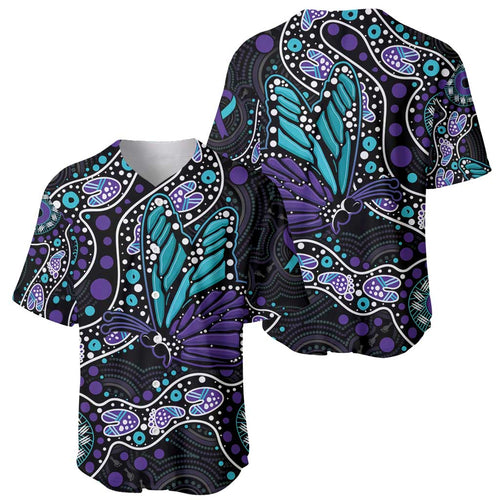Australia Indigenous Baseball Jersey Teal & Purple Ribbon Butterfly Aboriginal Arts