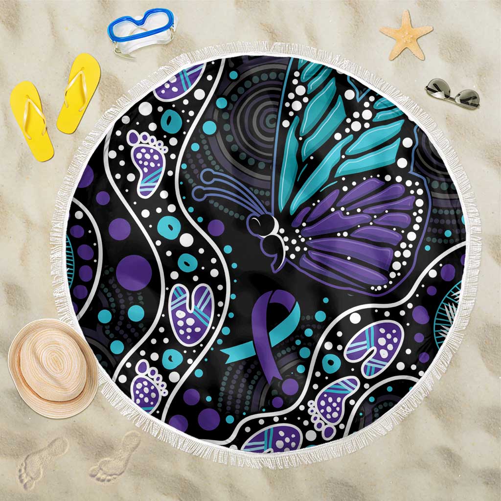 Australia Indigenous Beach Blanket Teal & Purple Ribbon Butterfly Aboriginal Arts