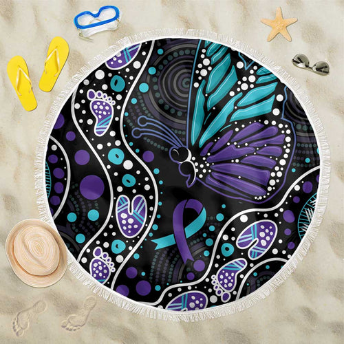 Australia Indigenous Beach Blanket Teal & Purple Ribbon Butterfly Aboriginal Arts