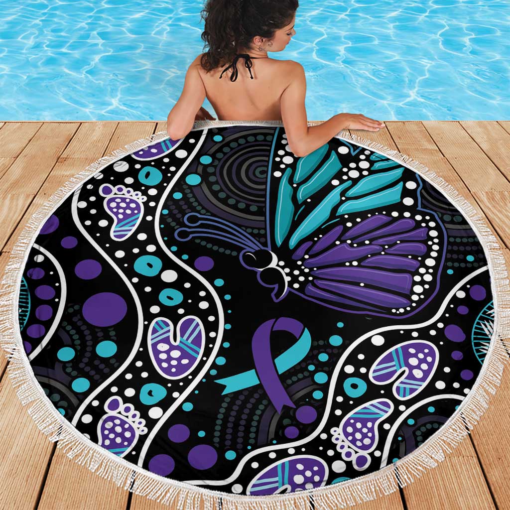 Australia Indigenous Beach Blanket Teal & Purple Ribbon Butterfly Aboriginal Arts