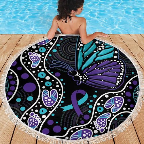 Australia Indigenous Beach Blanket Teal & Purple Ribbon Butterfly Aboriginal Arts