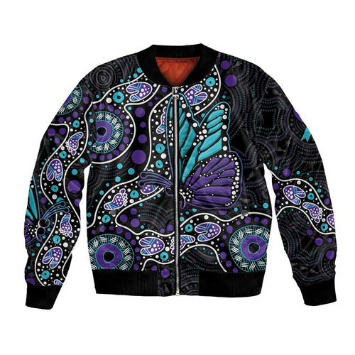 Australia Indigenous Bomber Jacket Teal & Purple Ribbon Butterfly Aboriginal Arts