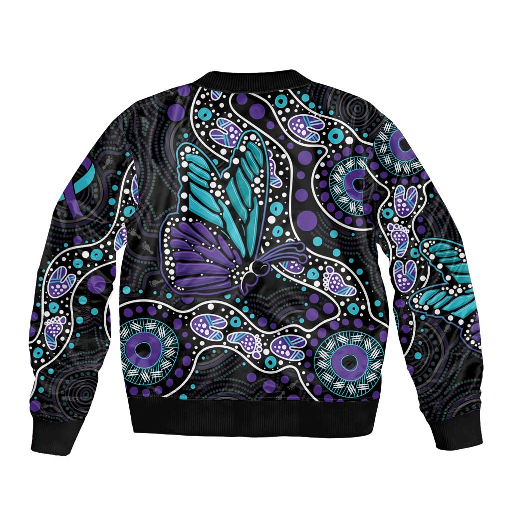 Australia Indigenous Bomber Jacket Teal & Purple Ribbon Butterfly Aboriginal Arts