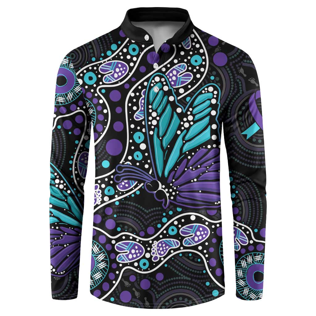 Australia Indigenous Button Sweatshirt Teal & Purple Ribbon Butterfly Aboriginal Arts
