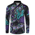 Australia Indigenous Button Sweatshirt Teal & Purple Ribbon Butterfly Aboriginal Arts