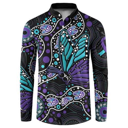 Australia Indigenous Button Sweatshirt Teal & Purple Ribbon Butterfly Aboriginal Arts