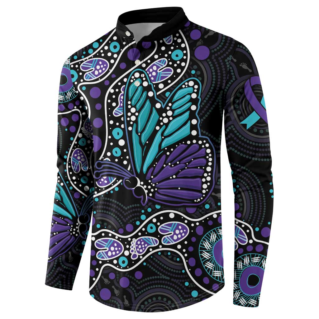 Australia Indigenous Button Sweatshirt Teal & Purple Ribbon Butterfly Aboriginal Arts