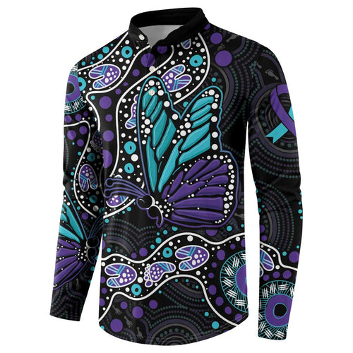 Australia Indigenous Button Sweatshirt Teal & Purple Ribbon Butterfly Aboriginal Arts