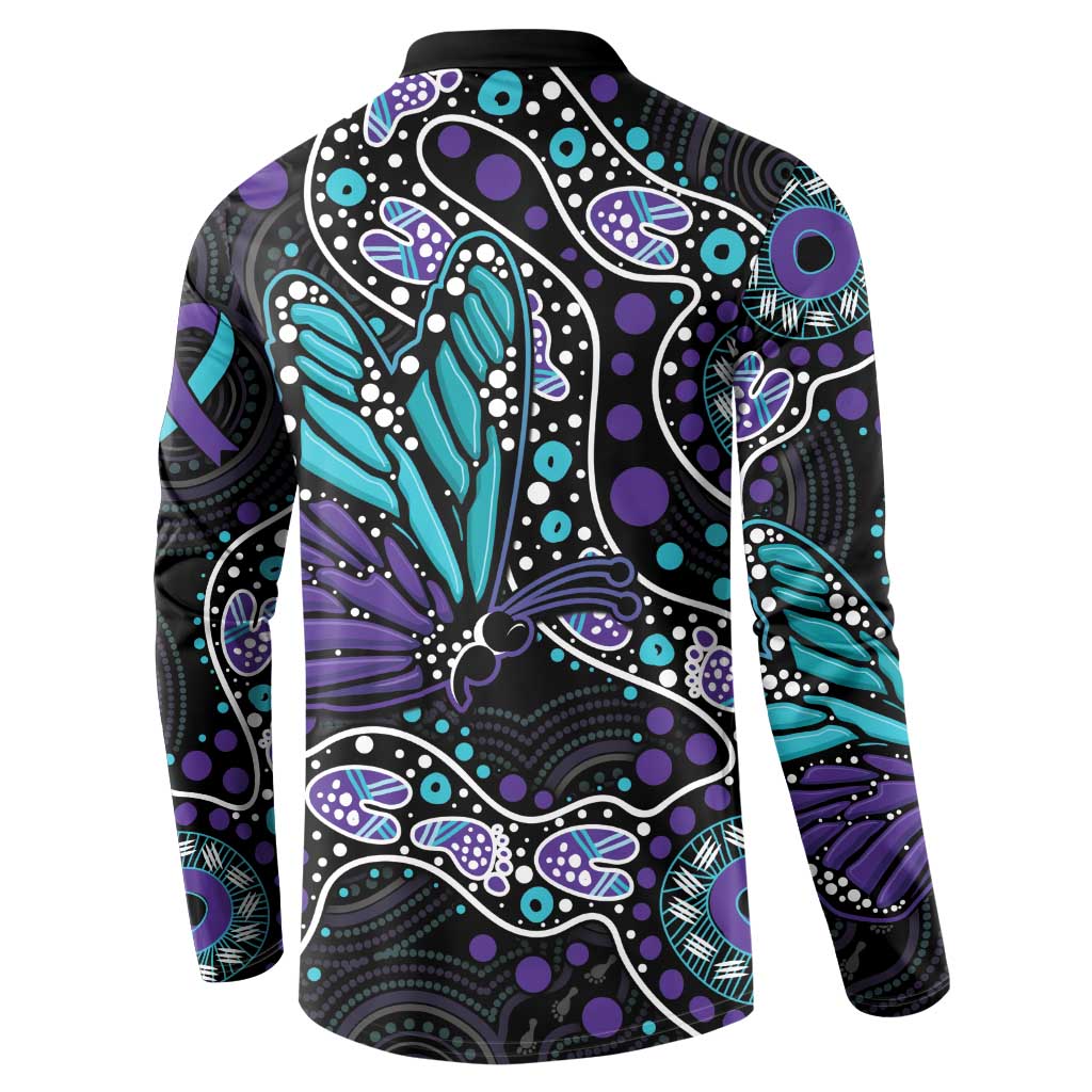 Australia Indigenous Button Sweatshirt Teal & Purple Ribbon Butterfly Aboriginal Arts