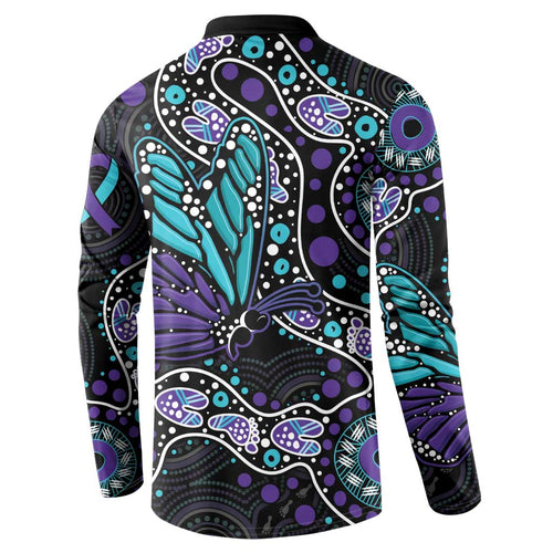 Australia Indigenous Button Sweatshirt Teal & Purple Ribbon Butterfly Aboriginal Arts