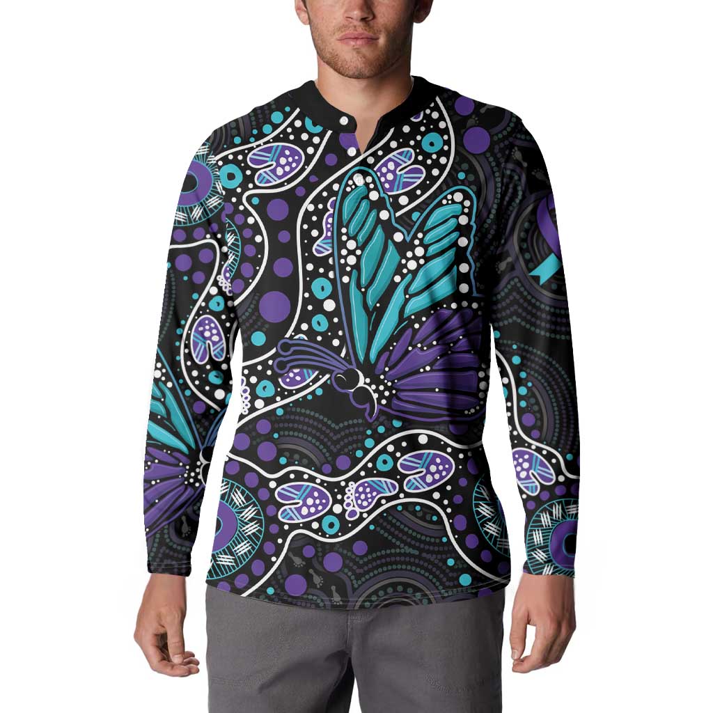 Australia Indigenous Button Sweatshirt Teal & Purple Ribbon Butterfly Aboriginal Arts