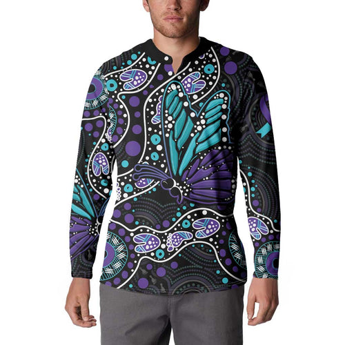 Australia Indigenous Button Sweatshirt Teal & Purple Ribbon Butterfly Aboriginal Arts
