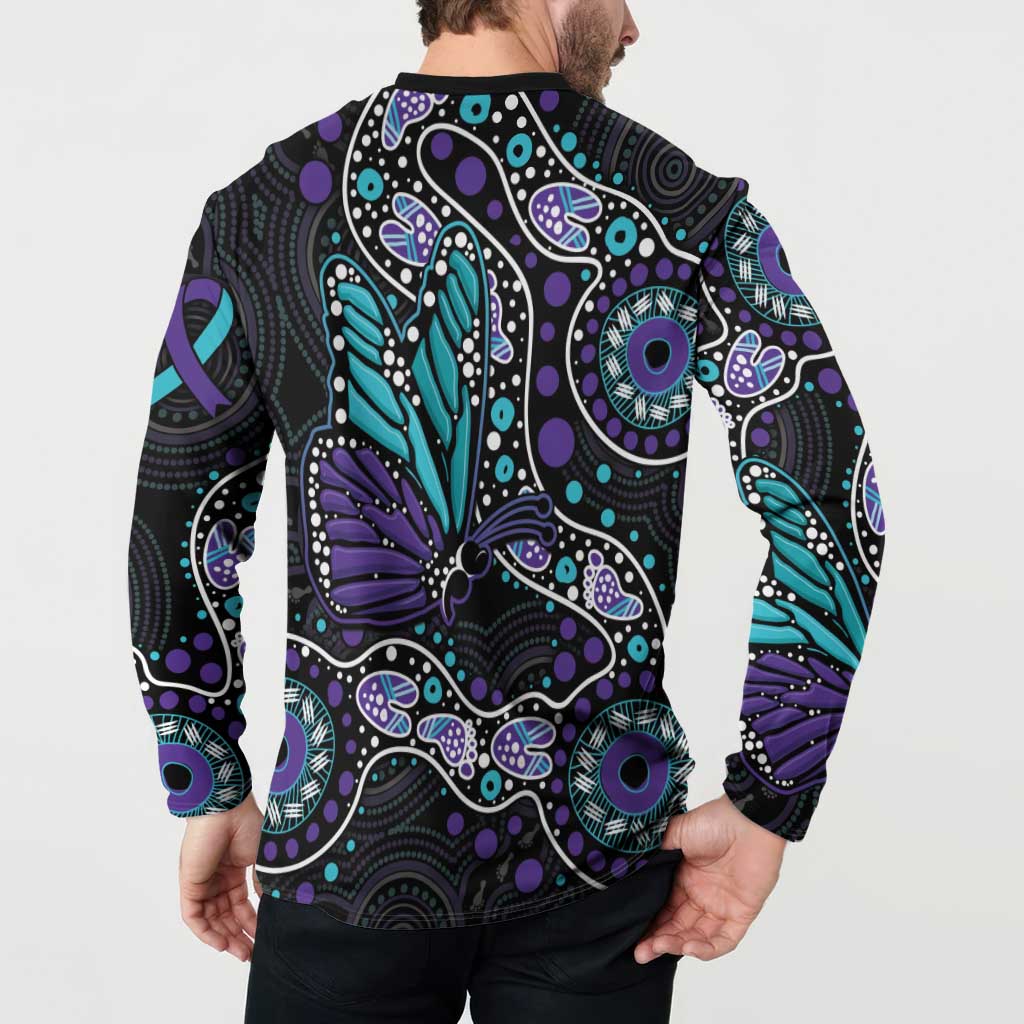 Australia Indigenous Button Sweatshirt Teal & Purple Ribbon Butterfly Aboriginal Arts