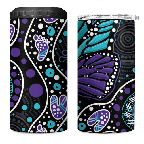 Australia Indigenous 4 in 1 Can Cooler Tumbler Teal & Purple Ribbon Butterfly Aboriginal Arts