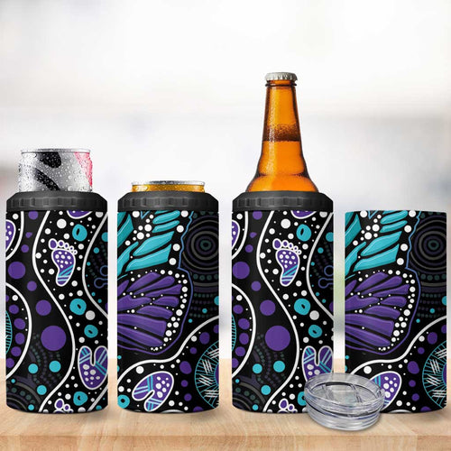 Australia Indigenous 4 in 1 Can Cooler Tumbler Teal & Purple Ribbon Butterfly Aboriginal Arts