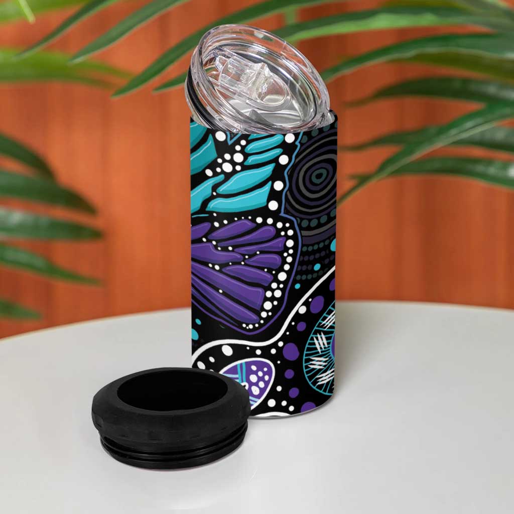 Australia Indigenous 4 in 1 Can Cooler Tumbler Teal & Purple Ribbon Butterfly Aboriginal Arts