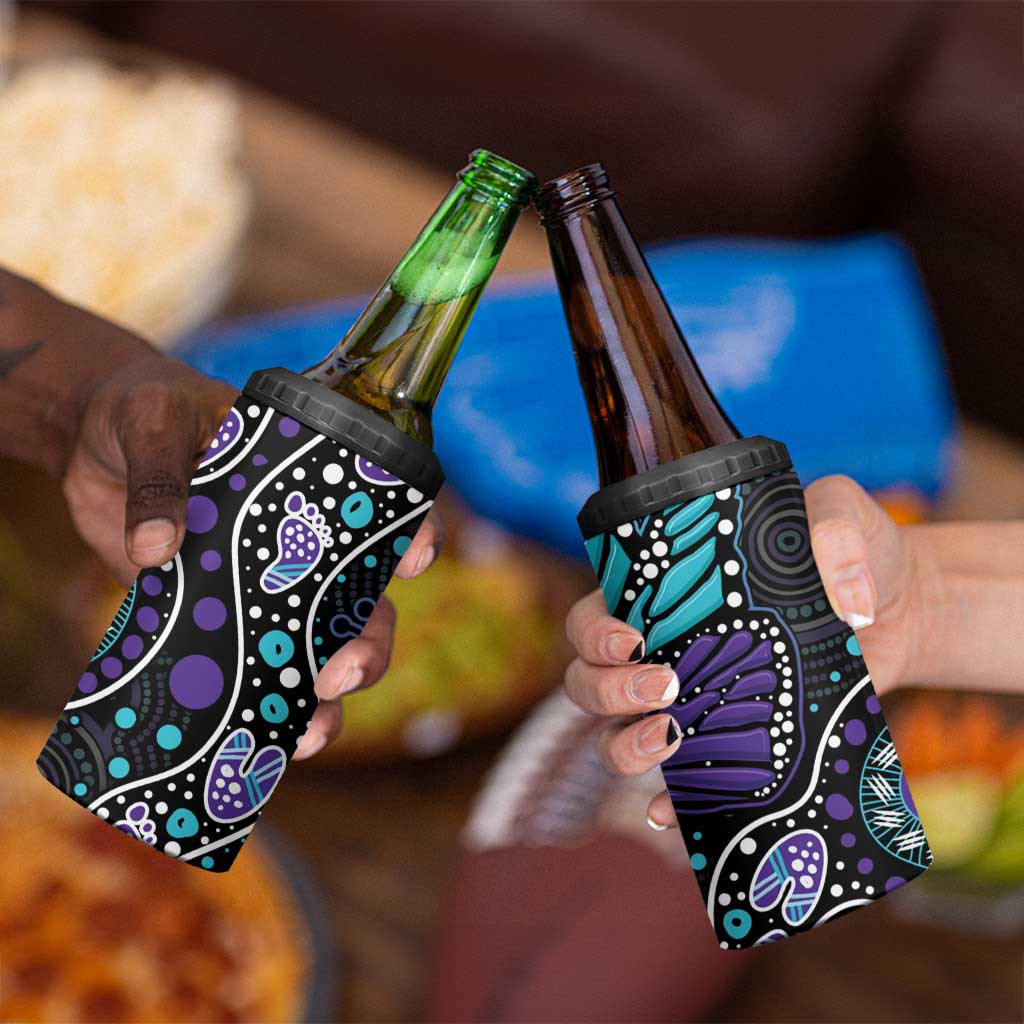 Australia Indigenous 4 in 1 Can Cooler Tumbler Teal & Purple Ribbon Butterfly Aboriginal Arts