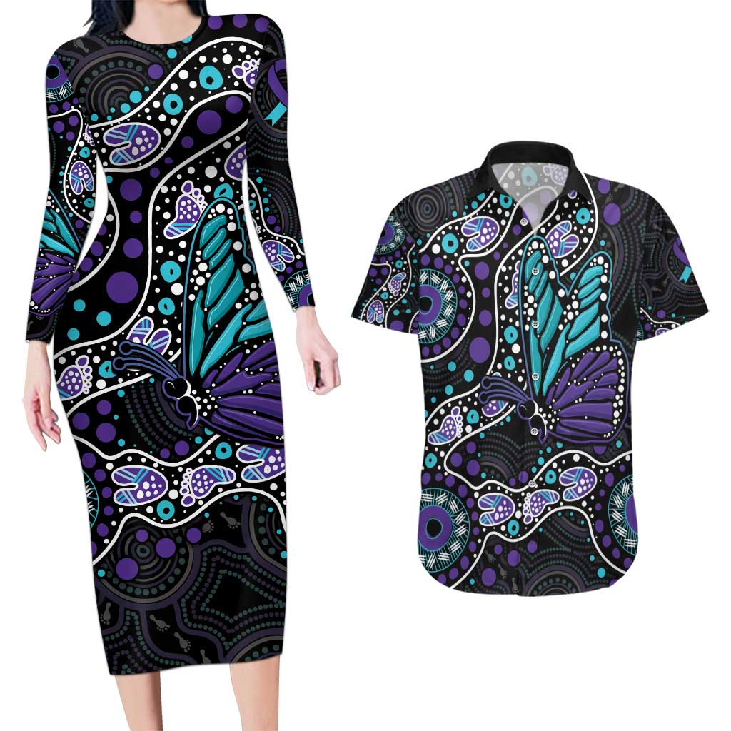 Australia Indigenous Couples Matching Long Sleeve Bodycon Dress and Hawaiian Shirt Teal & Purple Ribbon Butterfly Aboriginal Arts