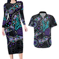 Australia Indigenous Couples Matching Long Sleeve Bodycon Dress and Hawaiian Shirt Teal & Purple Ribbon Butterfly Aboriginal Arts