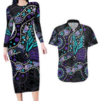 Australia Indigenous Couples Matching Long Sleeve Bodycon Dress and Hawaiian Shirt Teal & Purple Ribbon Butterfly Aboriginal Arts