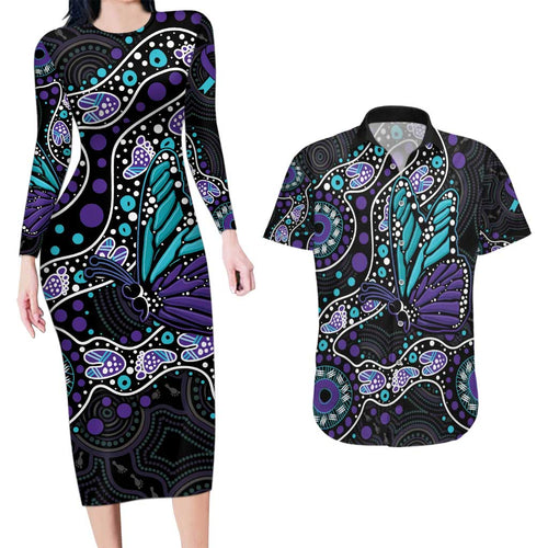 Australia Indigenous Couples Matching Long Sleeve Bodycon Dress and Hawaiian Shirt Teal & Purple Ribbon Butterfly Aboriginal Arts