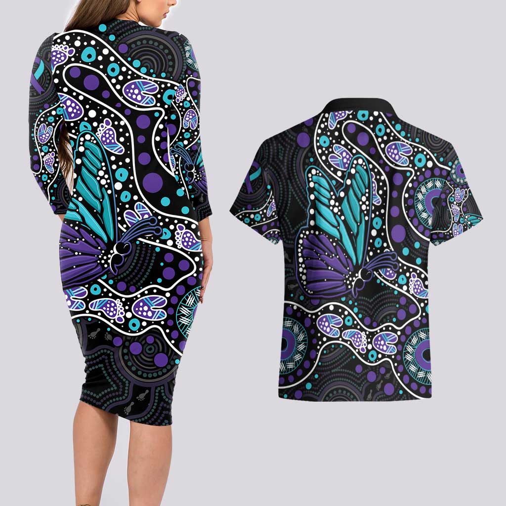 Australia Indigenous Couples Matching Long Sleeve Bodycon Dress and Hawaiian Shirt Teal & Purple Ribbon Butterfly Aboriginal Arts
