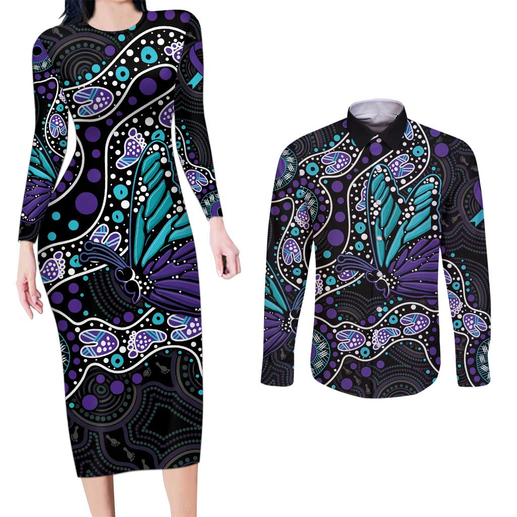 Australia Indigenous Couples Matching Long Sleeve Bodycon Dress and Long Sleeve Button Shirt Teal & Purple Ribbon Butterfly Aboriginal Arts