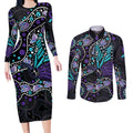 Australia Indigenous Couples Matching Long Sleeve Bodycon Dress and Long Sleeve Button Shirt Teal & Purple Ribbon Butterfly Aboriginal Arts