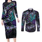 Australia Indigenous Couples Matching Long Sleeve Bodycon Dress and Long Sleeve Button Shirt Teal & Purple Ribbon Butterfly Aboriginal Arts