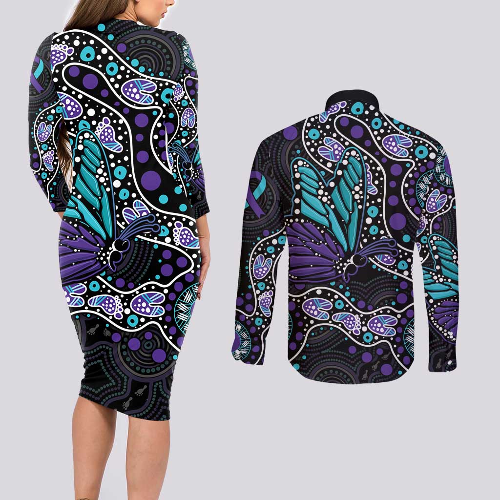 Australia Indigenous Couples Matching Long Sleeve Bodycon Dress and Long Sleeve Button Shirt Teal & Purple Ribbon Butterfly Aboriginal Arts