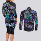Australia Indigenous Couples Matching Long Sleeve Bodycon Dress and Long Sleeve Button Shirt Teal & Purple Ribbon Butterfly Aboriginal Arts