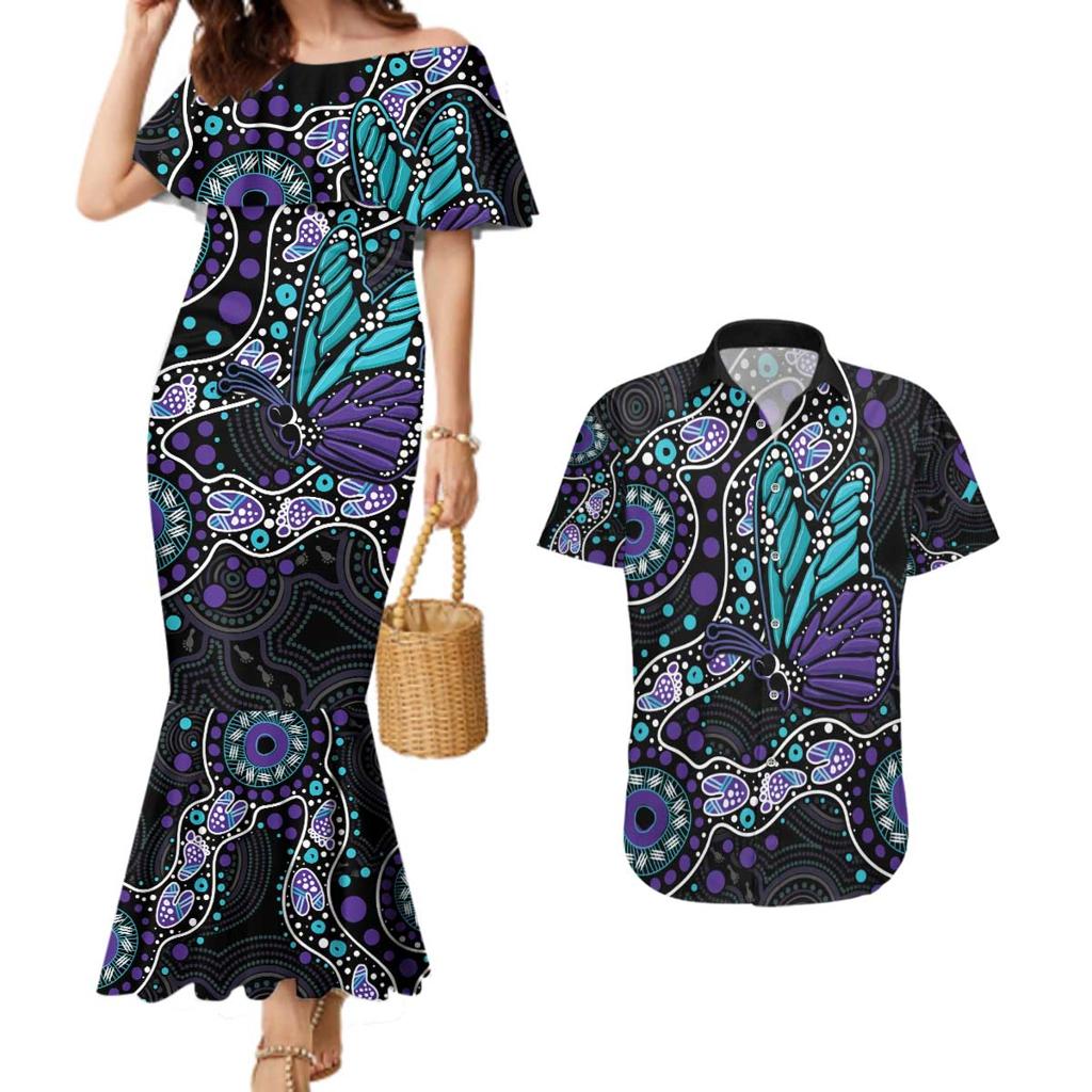 Australia Indigenous Couples Matching Mermaid Dress and Hawaiian Shirt Teal & Purple Ribbon Butterfly Aboriginal Arts
