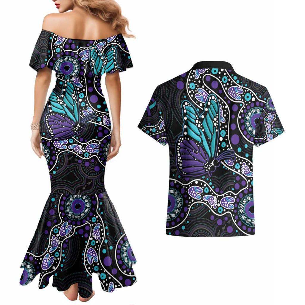 Australia Indigenous Couples Matching Mermaid Dress and Hawaiian Shirt Teal & Purple Ribbon Butterfly Aboriginal Arts