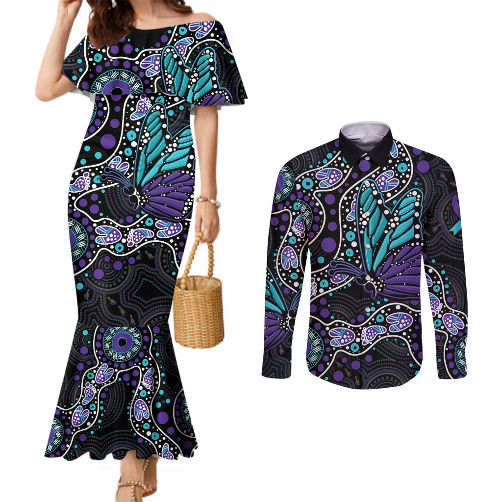 Australia Indigenous Couples Matching Mermaid Dress and Long Sleeve Button Shirt Teal & Purple Ribbon Butterfly Aboriginal Arts