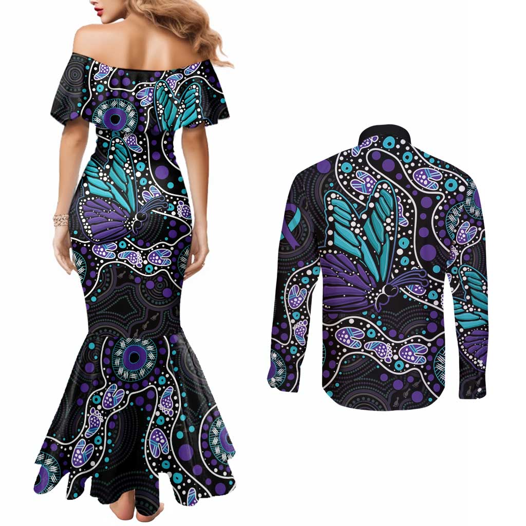 Australia Indigenous Couples Matching Mermaid Dress and Long Sleeve Button Shirt Teal & Purple Ribbon Butterfly Aboriginal Arts