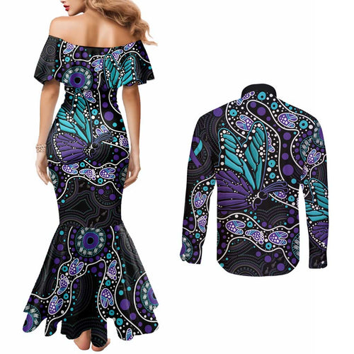 Australia Indigenous Couples Matching Mermaid Dress and Long Sleeve Button Shirt Teal & Purple Ribbon Butterfly Aboriginal Arts